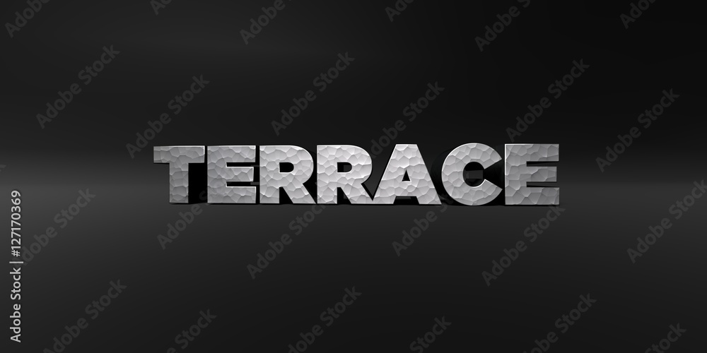 TERRACE - hammered metal finish text on black studio - 3D rendered royalty free stock photo. This image can be used for an online website banner ad or a print postcard.