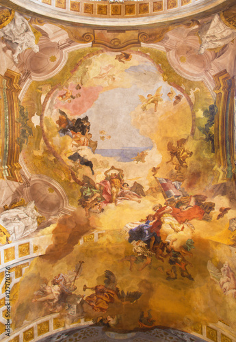BRESCIA, ITALY - MAY 23, 2016:  The ceiling fresco of Apotheosis of saints Faustino, Giovita, Benedict and Scolastica  in church Chiesa di San Faustino e Giovita by Giandomenico Tiepolo (1696 - 1770).