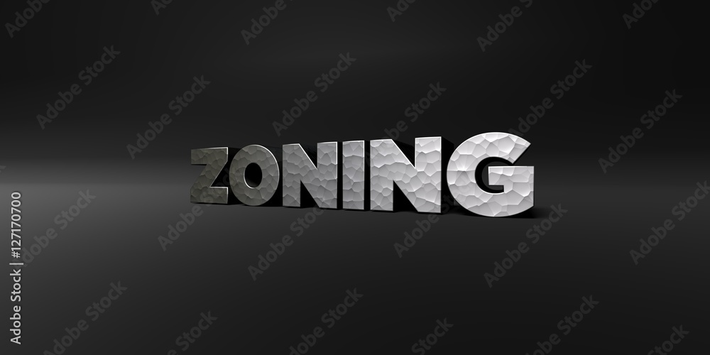 ZONING - hammered metal finish text on black studio - 3D rendered royalty free stock photo. This image can be used for an online website banner ad or a print postcard.