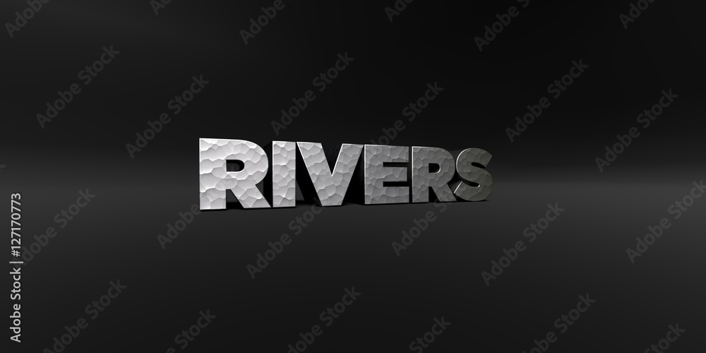 RIVERS - hammered metal finish text on black studio - 3D rendered royalty free stock photo. This image can be used for an online website banner ad or a print postcard.