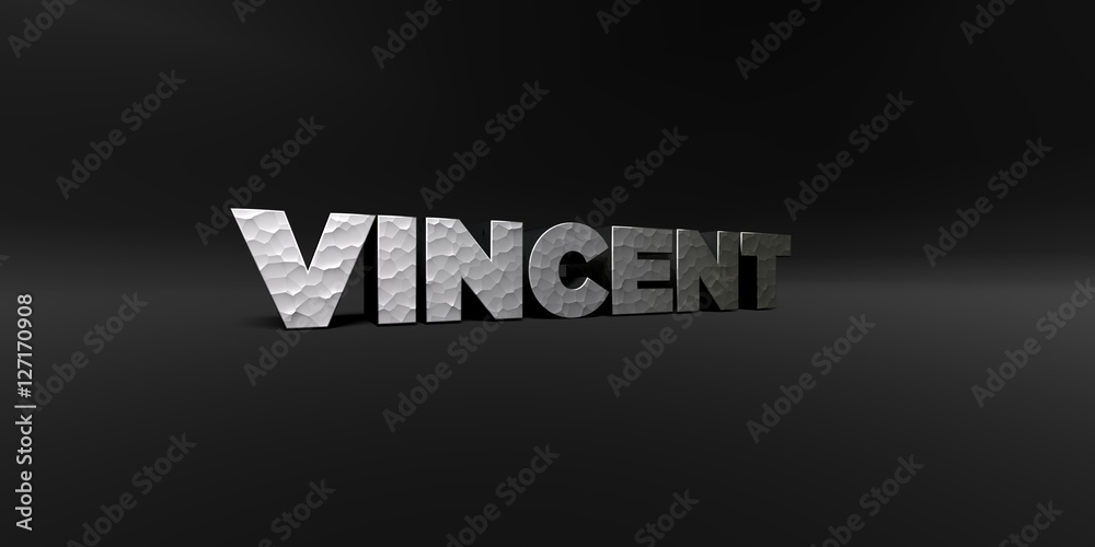 VINCENT - hammered metal finish text on black studio - 3D rendered royalty free stock photo. This image can be used for an online website banner ad or a print postcard.