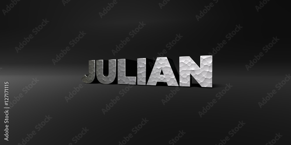 JULIAN - hammered metal finish text on black studio - 3D rendered royalty free stock photo. This image can be used for an online website banner ad or a print postcard.