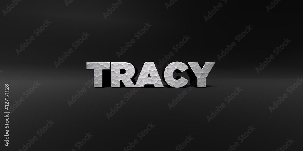 TRACY - hammered metal finish text on black studio - 3D rendered royalty free stock photo. This image can be used for an online website banner ad or a print postcard.