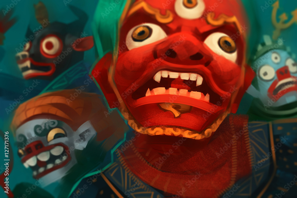 Buddhist lamas dressed in mystical mask dancing Tsam mystery dance. Colorful raster illustration.
