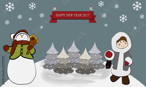 Muñeco de nieve y niña con farol.