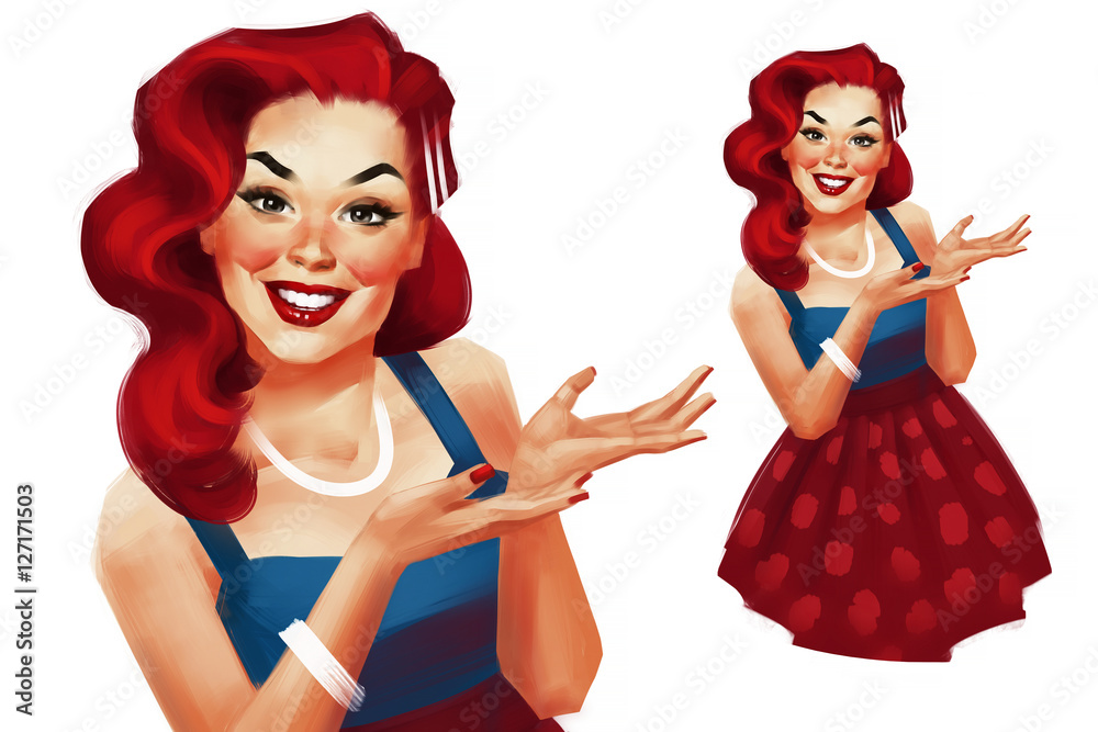 Young beautiful redhead woman in retro pin-up style showing on something by  hands. Raster illustration isolated on a white background. For vintage  party invitations, old-fashion design template. Stock Illustration | Adobe  Stock