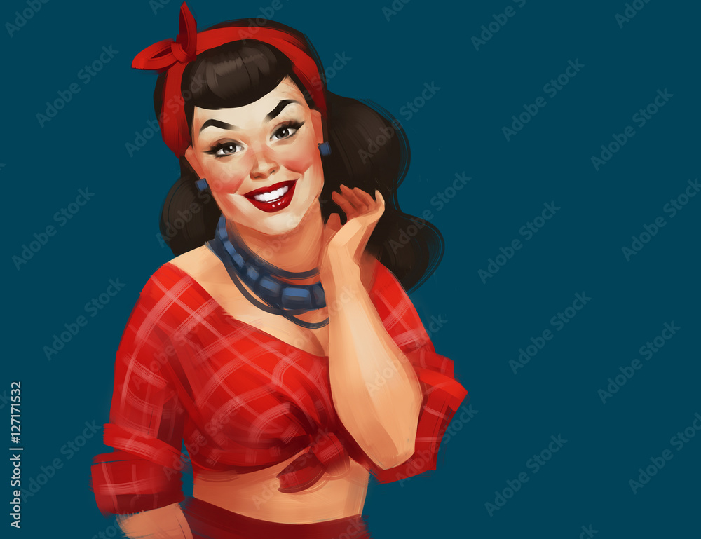 Retro Pin up woman with a red cheeks with a long black wavy hair isolated  on a blue background. For vintage party invitations, old-fashion design  template. Stock Illustration | Adobe Stock