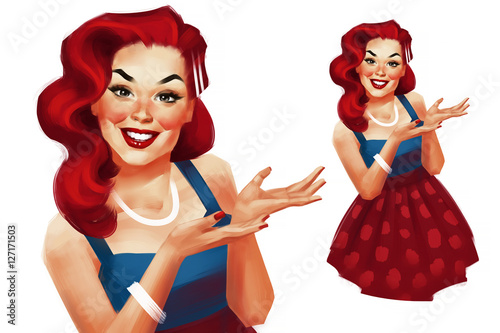 Young beautiful redhead woman in retro pin-up style showing on something by hands. Raster illustration isolated on a white background. For vintage party invitations, old-fashion design template.