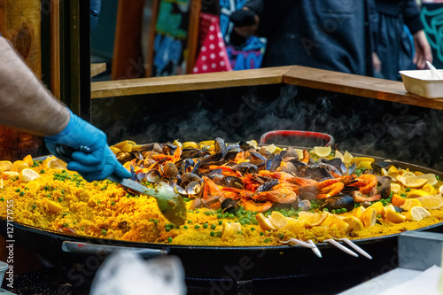 Seafood paella sold at Borough Market in London
