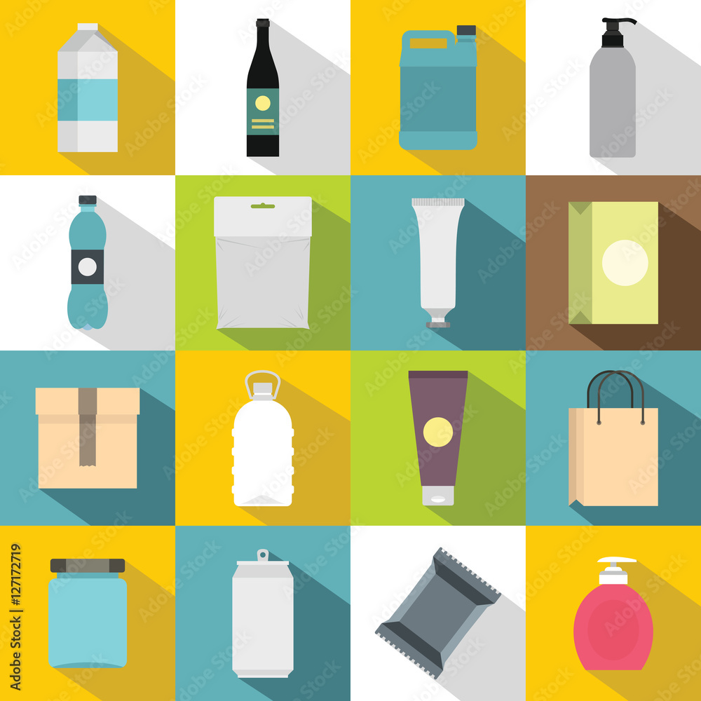 Packaging items icons set. Flat illustration of 16 packaging items vector icons for web Packaging items icons set. Flat illustration of 16 packaging items vector icons for web