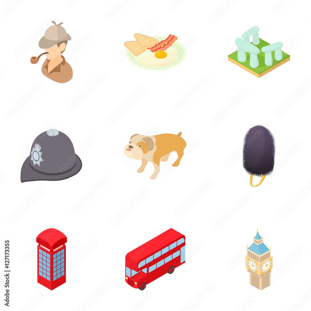 Tourism in England icons set. Cartoon illustration of 9 tourism in England vector icons for web