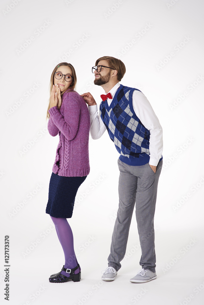 Geek man trying to pull shy girl Geek man trying to pull shy girl