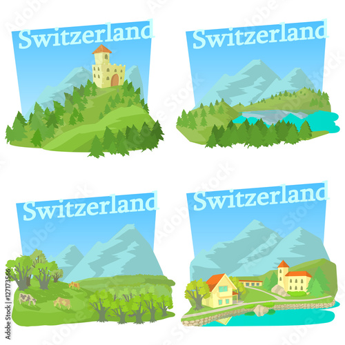 Switzerland travel concepts set. Cartoon illustration of 4 Switzerland travel vector concepts for web