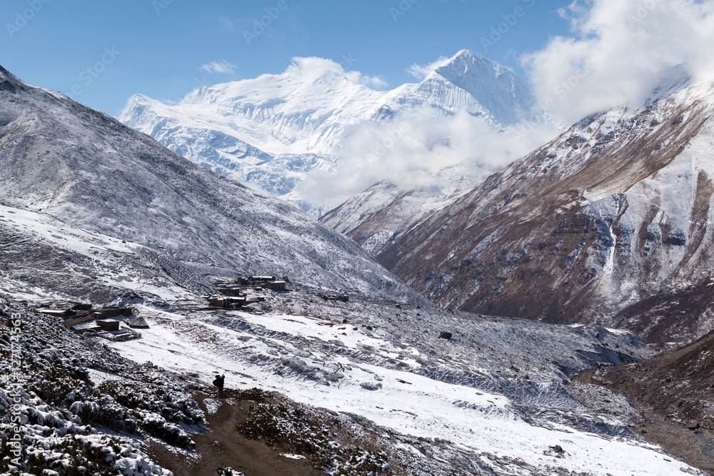 View of Annapurna III and Gangnapurna from Jharsang Khola Valley, Annapurna Circuit, Manang, Nepal