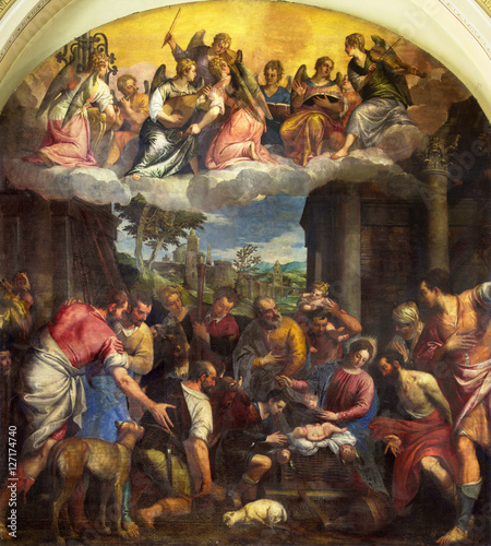 BRESCIA, ITALY - MAY 23, 2016: The painting Adoration of shepherds in Sant' Afra church by Carlo Caliari (1570 - 1596).