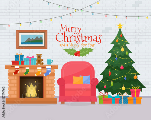Christmas room interior with sofa.