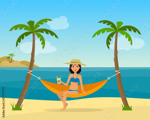 Girl in swimsuit in hammock with palm
