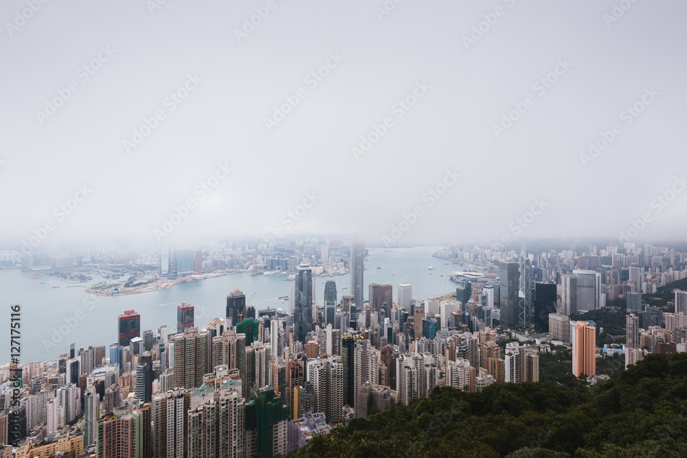 Hazy skyline of Hong Kong view from the Victoria Peak.