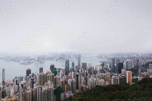Hazy skyline of Hong Kong view from the Victoria Peak.