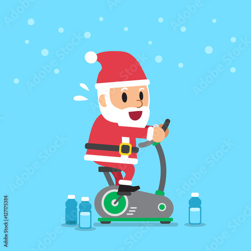 Cartoon santa claus riding exercise bike