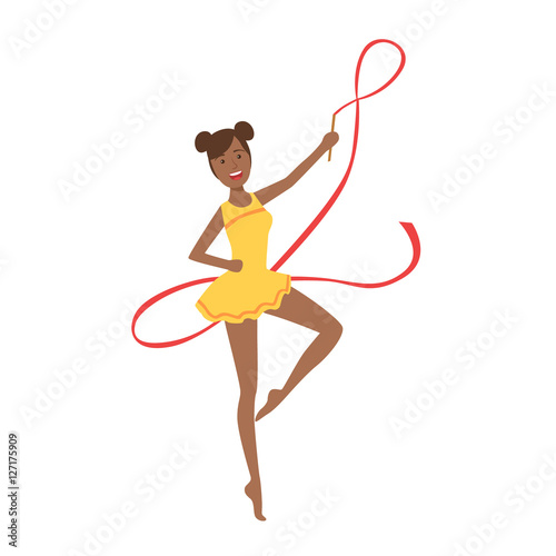 Black Professional Rhythmic Gymnastics Sportswoman In Yellow Leotard Performing An Element With Ribbon Apparatus