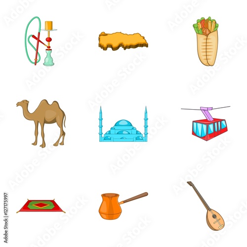 Tourism in Turkey icons set. Cartoon illustration of 9 tourism in Turkey vector icons for web