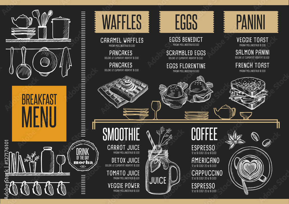 Plakat Menu restauracja śniadanie, podkładka szablonu żywności.