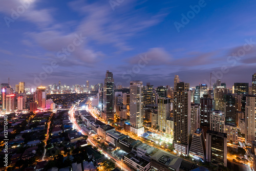 Makati Skyline at night  Philippines. Makati is a city in the Philippines  Metro Manila region and the country s financial hub. 