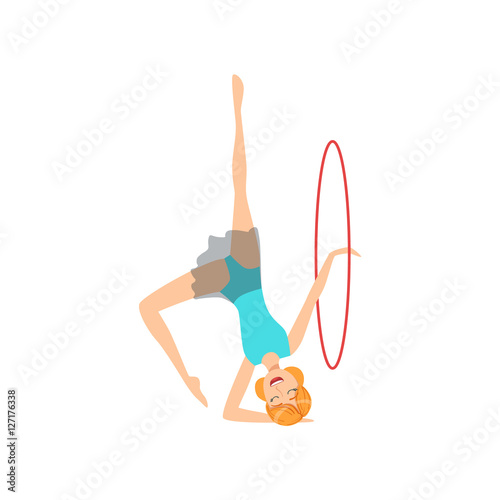 Professional Rhythmic Gymnastics Sportswoman In Blue Leotard Performing An Element With Hoop Apparatus