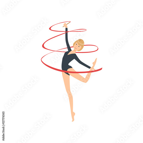 Professional Rhythmic Gymnastics Sportswoman In Black Long Sleeve Leotard Performing An Element With Ribbon Apparatus