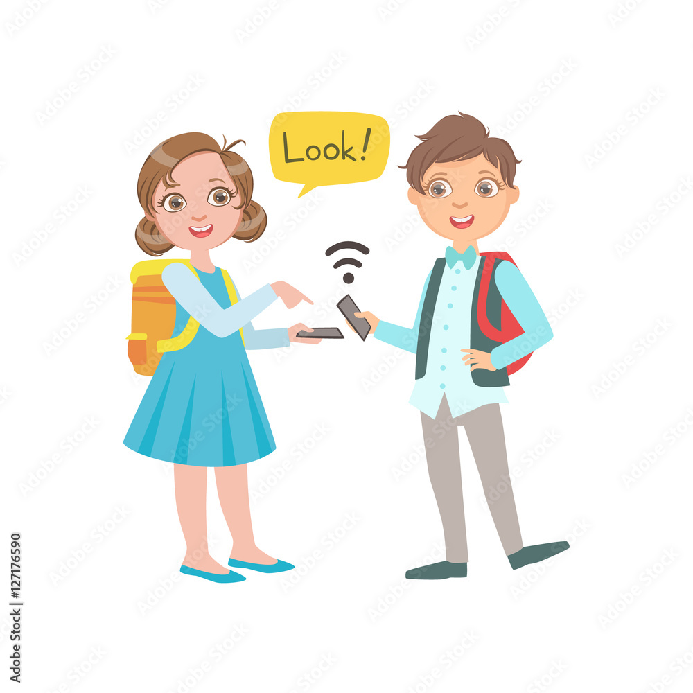 Schoolkids Boy And Girl Chatting And Exchanging Information From Their Smartphones During School Break, Part Of Scholars Studying Vector Collection.