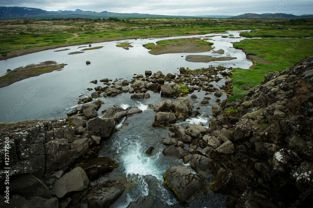 Pingvellir national park, Iceland. Green valley with river. Pingvellir national park, Iceland. Green valley with river.