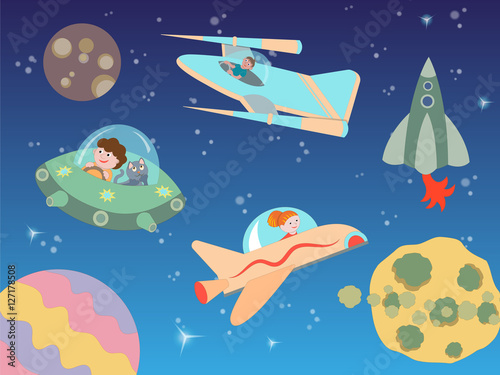 Children flying on spacecraft in outer space among planets and s