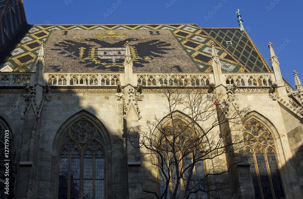 Architectural detail of the mosaic roof of St. Stephen's Cathedral in Vienna with a coat of arm