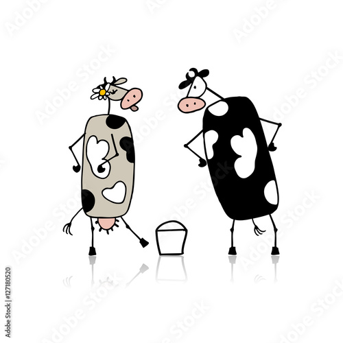 Funny bull and cows with buckets of milk, sketch