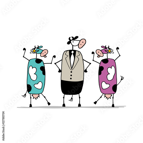 Funny bull and cows, sketch for your design