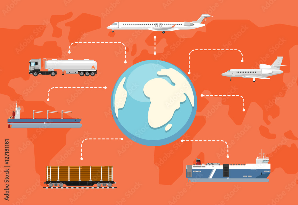 Global logistics network concept. Worldwide delivery of goods logistics and transportation. Air cargo trucking, rail transportation, maritime shipping vector illustration. Support international trade