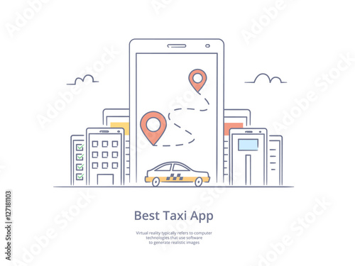 Premium Quality Line Hand Drawn Icon And Concept Set: Mobile app for ordering taxi, Mobile phone with street map and location pointer, Mobile city.