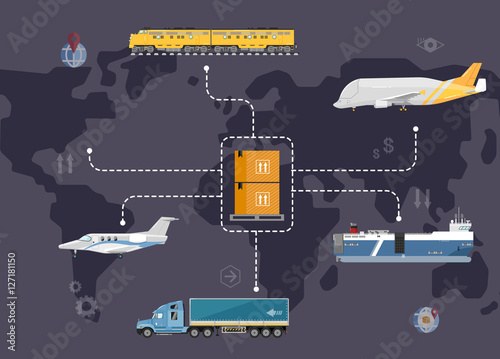 Global logistics network concept. Worldwide delivery of goods logistics and transportation. Air cargo trucking, rail transportation, maritime shipping vector illustration. Support international trade