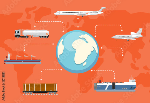 Global logistics network concept. Worldwide delivery of goods logistics and transportation. Air cargo trucking, rail transportation, maritime shipping vector illustration. Support international trade