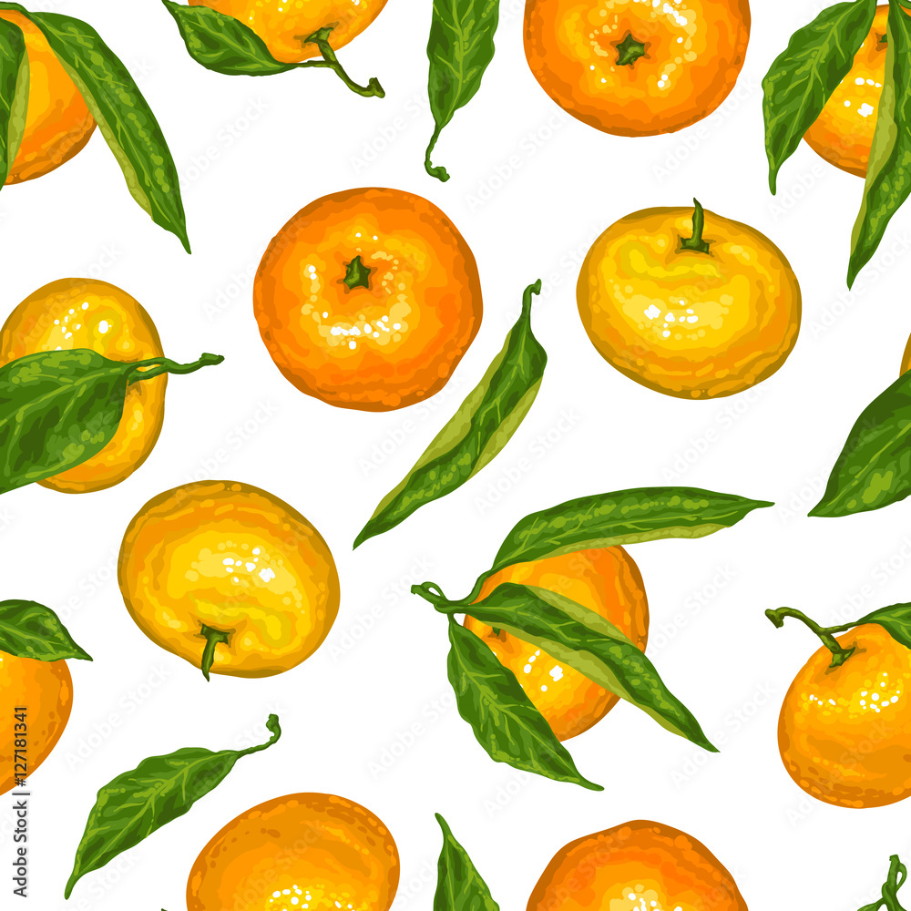Seamless pattern with mandarins. Tropical fruits and leaves Seamless pattern with mandarins. Tropical fruits and leaves