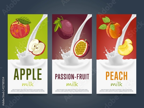 Milkshake concept with milk splash and fruit vector illustration. Milk dessert, yogurt, fruit mix, cocktail drink, fruit smoothie with apple, passion fruit, peach packaging template. Dairy product.