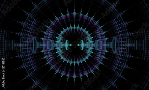 The abstract image similar to the device display. Fractal. Glowing abstract image of the rings and arrows radiating from the center, on a black background.