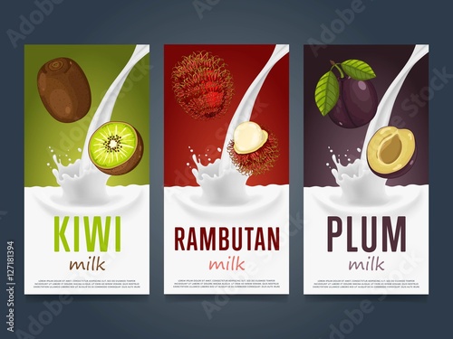 Milkshake concept with milk splash and fruit vector illustration. Milk dessert, yogurt, fruit mix, cocktail drink, fruit smoothie with kiwi, rambutan and plum packaging design template. Dairy product.