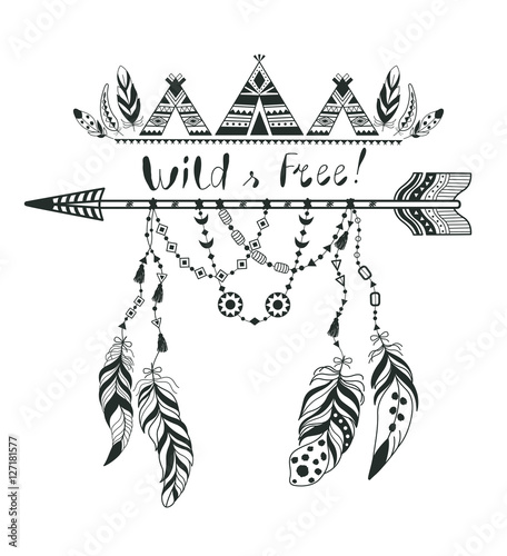 Boho Style for T-shirt and Decoration. Abstract Design with Bird Feather and Arrow .