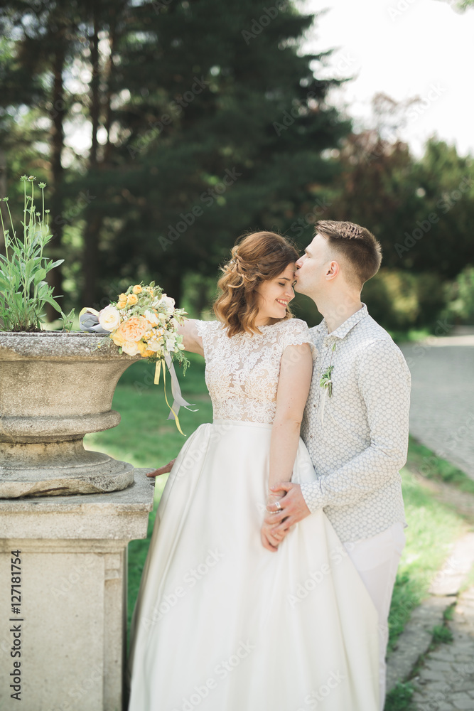 Stylish couple of happy newlyweds walking in the park on their wedding day with bouquet Stylish couple of happy newlyweds walking in the park on their wedding day with bouquet