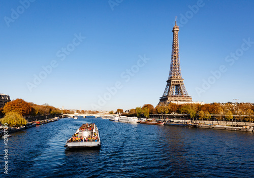 Boat Cruise on the Seine River with the Eiffel Tower in Paris, France during Autumn 