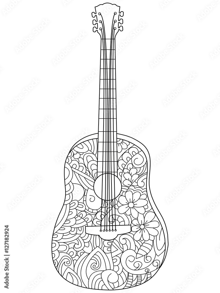 Naklejka premium Musical instrument guitar Coloring book vector for adults