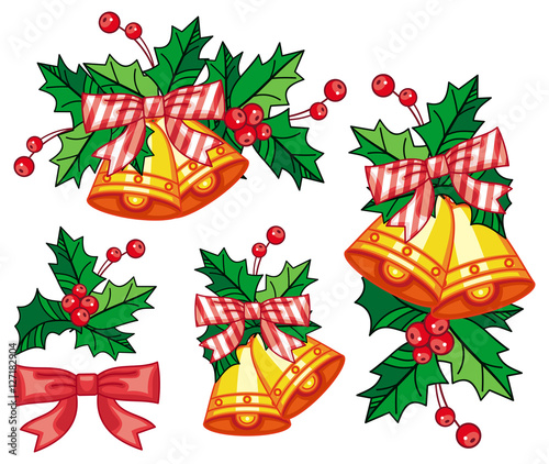 Set of golden jingle bells. Christmas decoration.