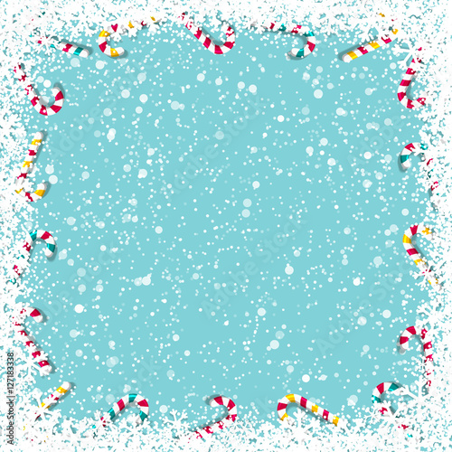 Snowy Christmas Background with candy canes frame